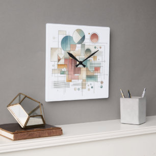 Horloge Carrée Turquoise Gris Bleu Beige Roue Rouge Abstrait Art 