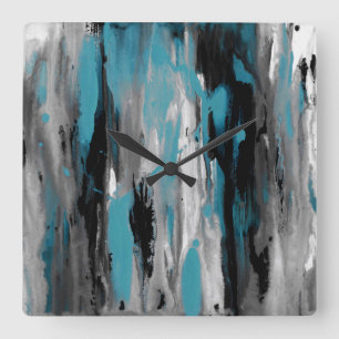 Horloge Carrée Turquoise gris noir et blanc Abstrait