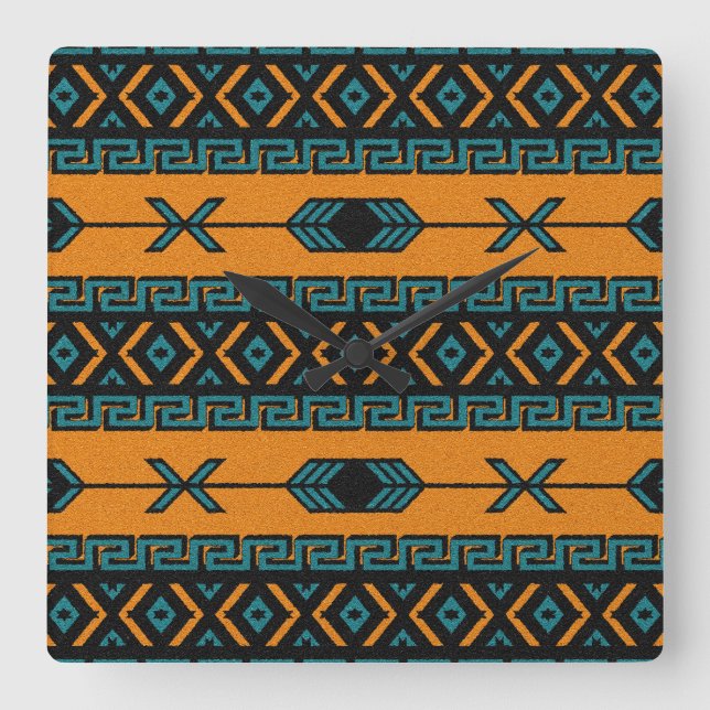 Horloge Carrée Turquoise Orange Sud-Ouest Tribal Aztec Design (Recto)