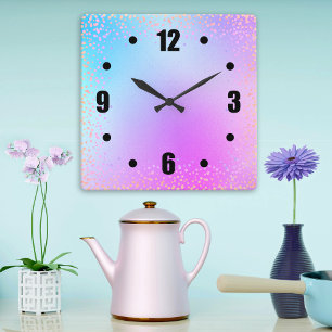 Horloge Carrée Turquoise pink ombre aquarelle confetti points chi