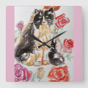 Horloge Carrée Tuxedo Chat Cute Rose Fleurs Chats Aquarelle Rose