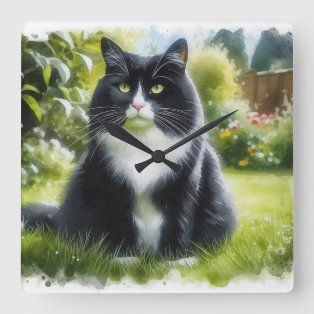 Horloge Carrée Tuxedo Chat dans le jardin aquarelle murale (Recto)