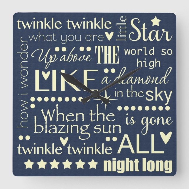 Horloge Carrée Twinkle Twinkle Little Star Word Art Design de tex (Recto)