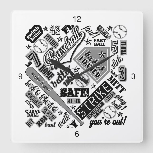 Horloge Carrée Typographie de baseball noir blanc ID770 (Recto)