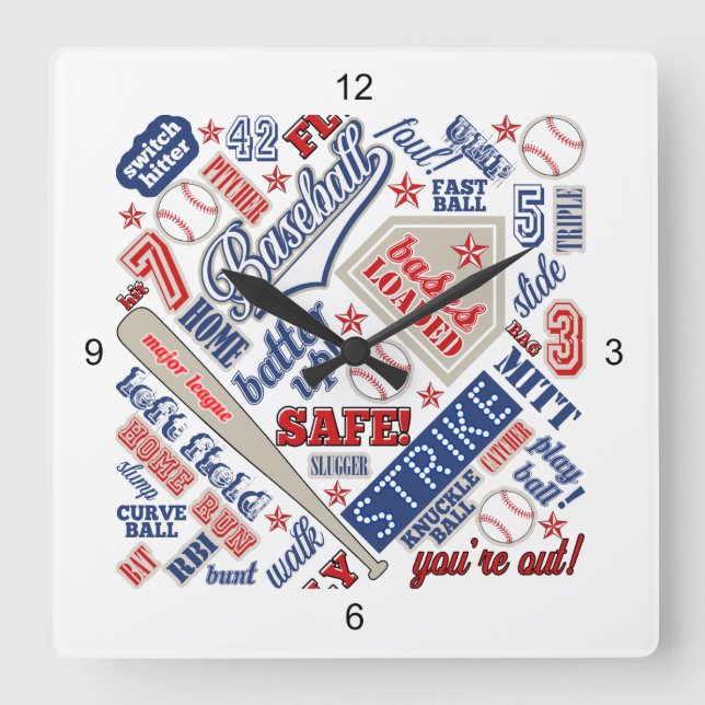 Horloge Carrée Typographie de baseball Rouge Blanc Bleu ID770 (Recto)