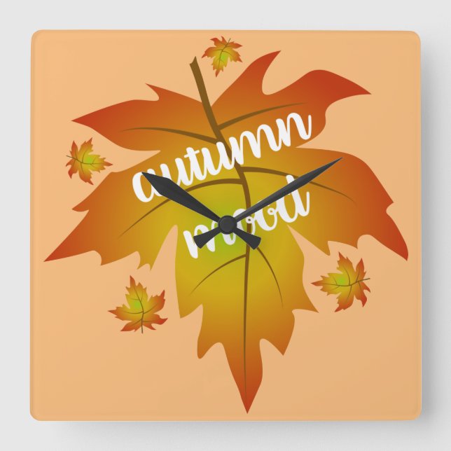 Horloge Carrée Typographie de l'humeur d'automne feuille d'érable (Recto)