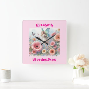 Horloge Carrée Typographie de princesse fée florale à l'aquarelle