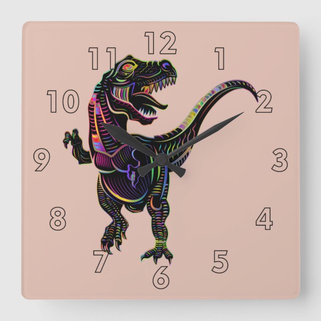 Horloge Carrée Tyrannosaurus Rex Dinosaur de couleur néon (Recto)