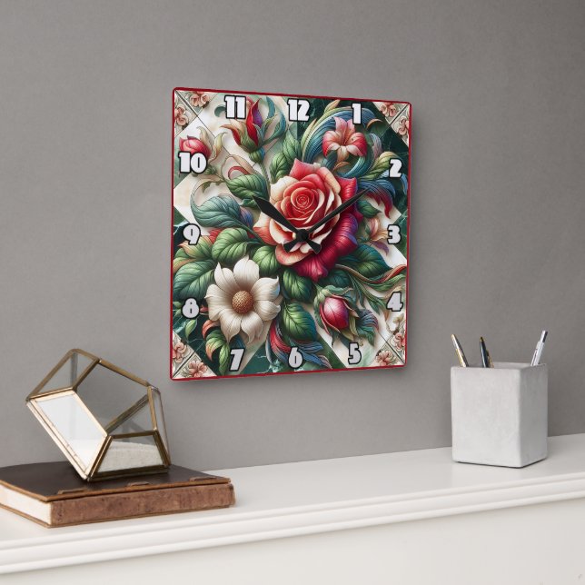 Horloge Carrée Un arrangement de Roses et de lentilles dynamiques (Bureau)