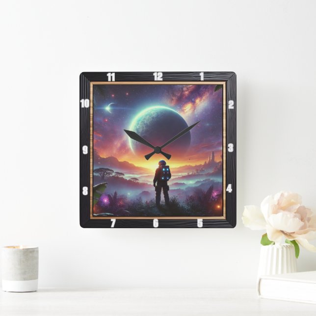 Horloge Carrée Un astronaute à la découverte d'un paysage Alien d (Maison)