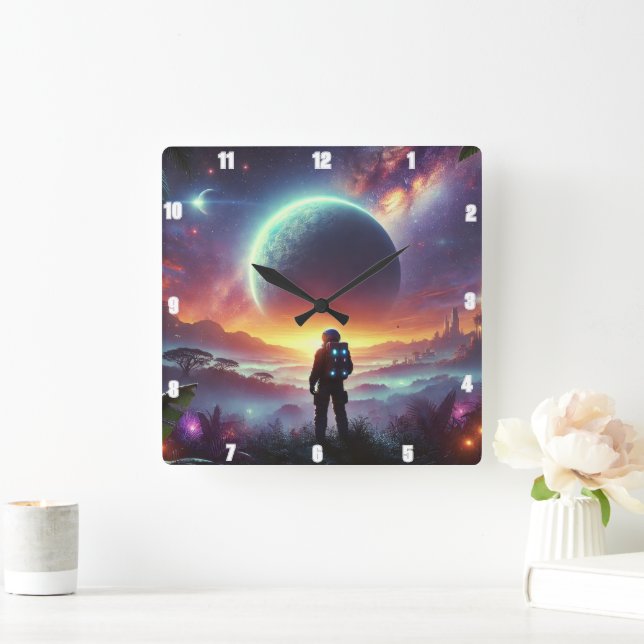 Horloge Carrée Un astronaute à la découverte d'une merveille cosm (Maison)