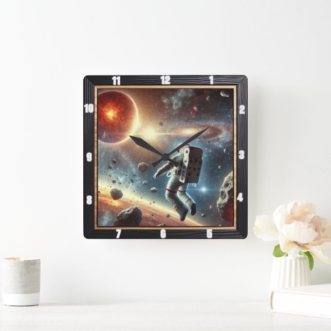 Horloge Carrée Un astronaute explore la planète lointaine de l'es (Maison)