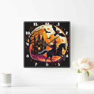 Horloge Carrée Un Cheval D'Halloween Dramatique Se Rendre Sous Un