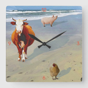 Horloge Carrée Un cochon, une vache et un poulet, à la plage