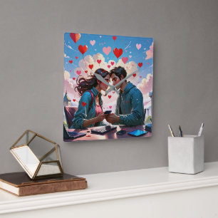 Horloge Carrée Un couple amoureux avec des cœurs volants - Horlog