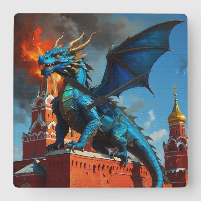 Horloge Carrée Un dragon bleu et or visite Moscou (Recto)