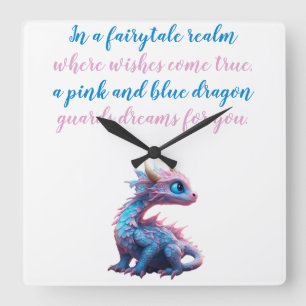 Horloge Carrée Un dragon rose et bleu vous garde des rêves