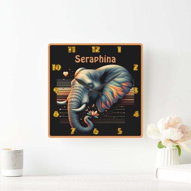 Horloge Carrée Un éléphant à motifs vibrants au coucher du soleil (Maison)