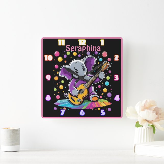 Horloge Carrée Un éléphant jouant à la guitare avec joie (Maison)