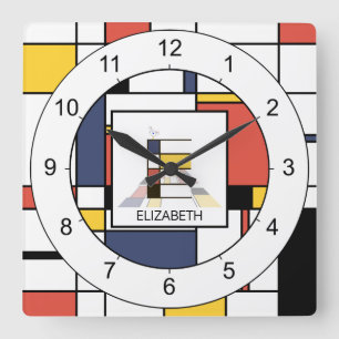 Horloge Carrée Un superbe néoplasticisme Art Monogramme. Lettre E