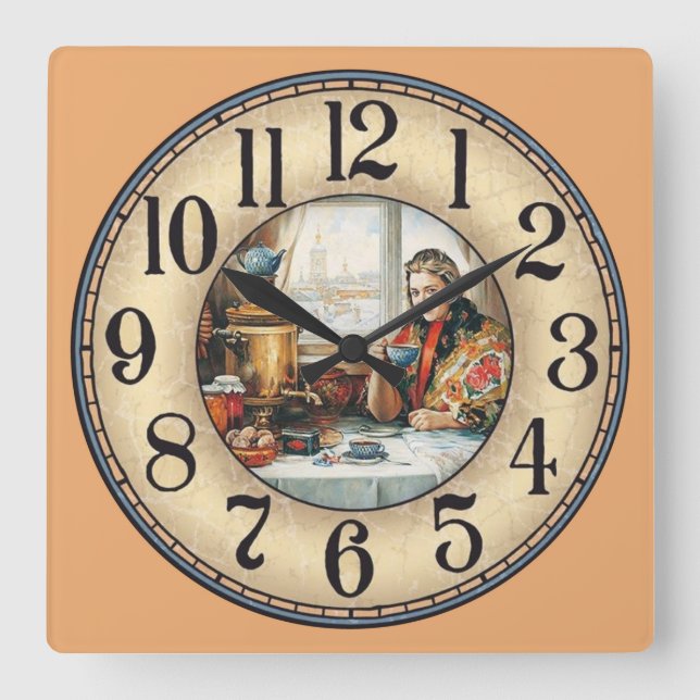 Horloge Carrée Une Femme Sirotant Du Thé (Recto)