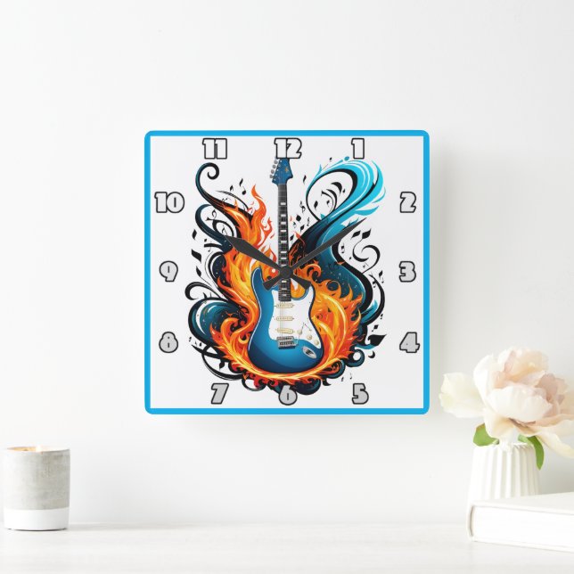 Horloge Carrée Une guitare bleu vif entourée de flammes tourbante (Maison)