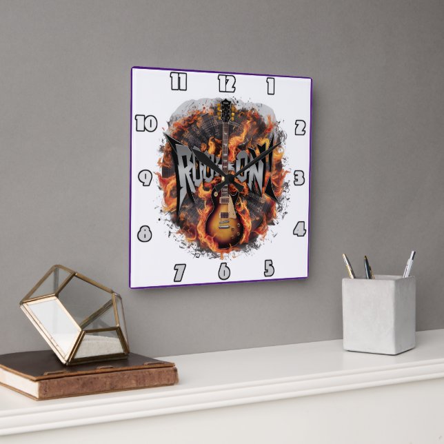 Horloge Carrée Une guitare électrique enflammée l'esprit rock (Bureau)