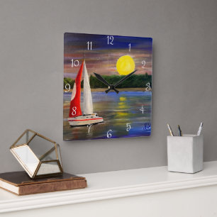 Horloge Carrée Une voile coucher de soleil, par Gary Poling