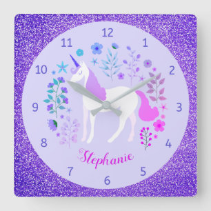 Horloge Carrée Unicorn Purple Parties scintillant Nom personnalis