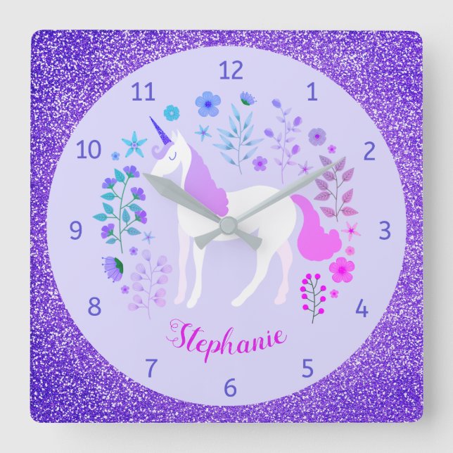 Horloge Carrée Unicorn Purple Parties scintillant Nom personnalis (Recto)