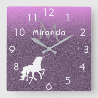 Horloge Carrée Unicorn sur ombre parties scintillant ultra violet