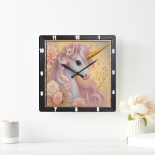 Horloge Carrée Unicorne blanche rêve florale