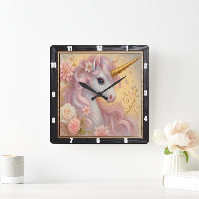 Horloge Carrée Unicorne blanche rêve florale (Maison)