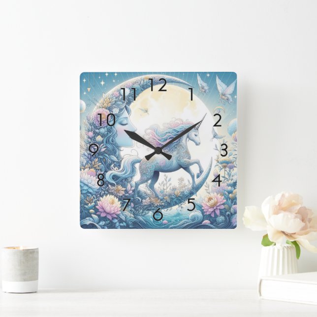 Horloge Carrée Unicorne Et La Lune (Maison)