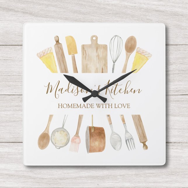 Horloge Carrée Ustensiles de Cuisine de cuisine aquarelle personn (In situ)