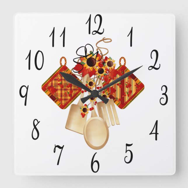 Horloge Carrée Ustensiles de cuisine en automne (Recto)