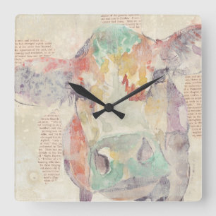 Horloge Carrée Vache à collage de ferme d'aquarelle
