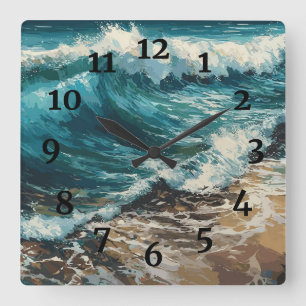 Horloge Carrée Vagues de plage et peinture de sable