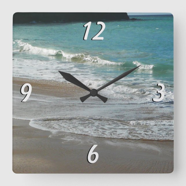 Horloge Carrée Vagues sur la plage bleu turquoise Océan (Recto)