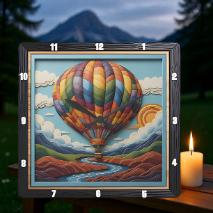 Horloge Carrée Vallée de la rivière de ballon à air chaud stylisé