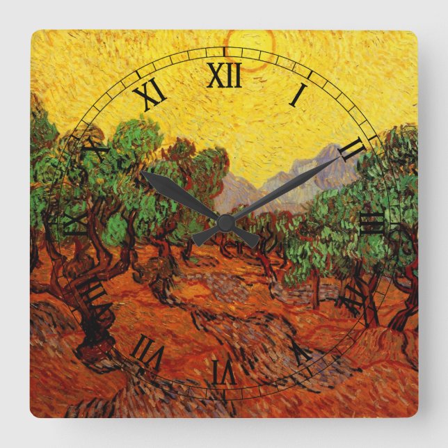 Horloge Carrée Van Gogh Oliviers avec ciel jaune et soleil (Recto)