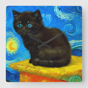 Horloge Carrée Van Gogh Style Starry Night Cat