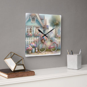 Horloge Carrée Vélo rose à Blue Cottage Gate