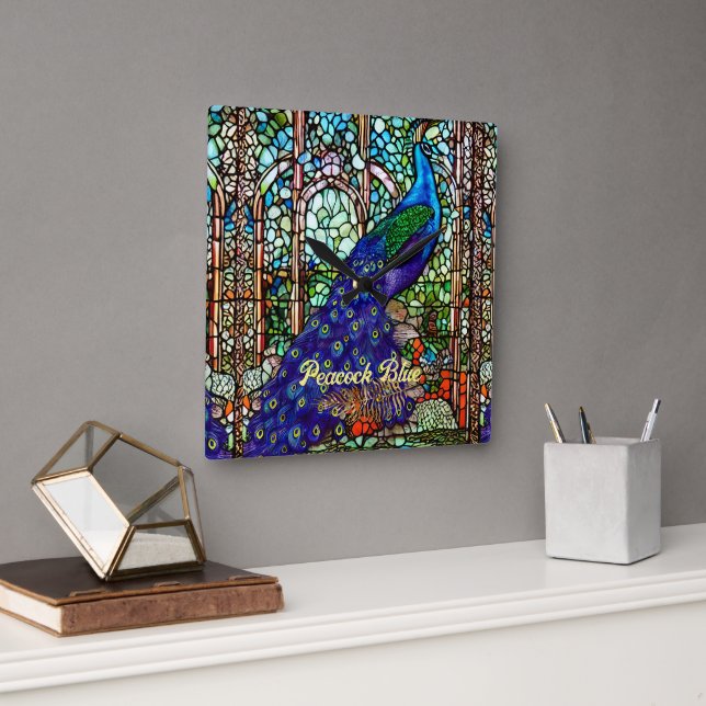 Horloge Carrée Verre bleu violet Peacock Vitrail (Bureau)