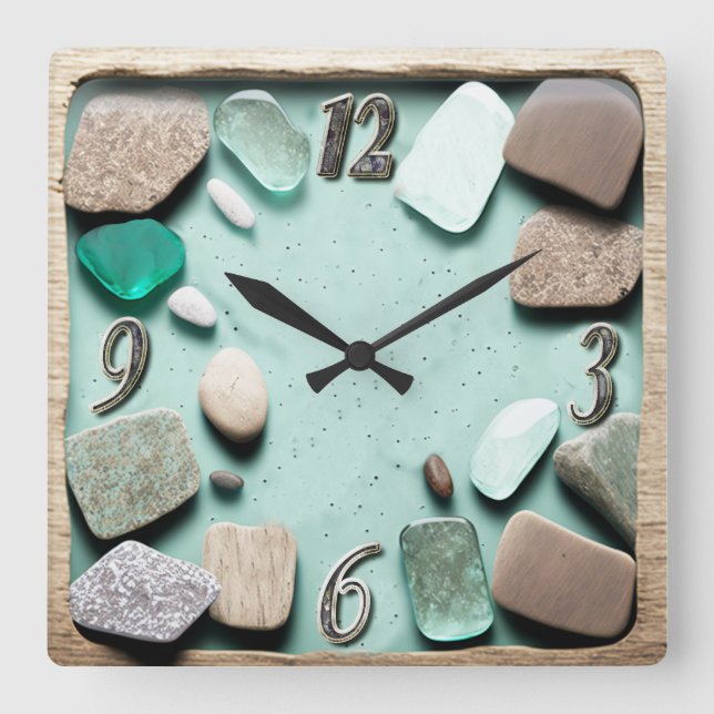 Horloge Carrée Verre de mer Pierres océaniques Bois chèfle (Recto)