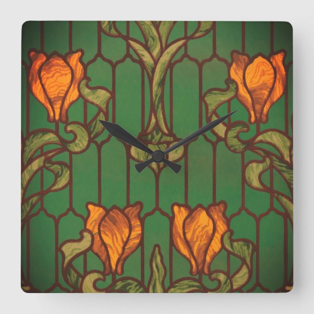 Horloge Carrée Verre tendu look floral Art nouveau fleurs (Recto)