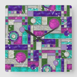 Horloge Carrée Verre Turquoise Art déco rose