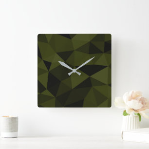 Horloge Carrée Vert armée foncé noir motif de maille géométrique