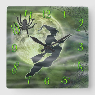 Horloge Carrée Vert carré de sorcière et d'araignée de Hallowe