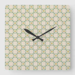Horloge Carrée Vert esthétique À damiers tournesol Motif Y2K